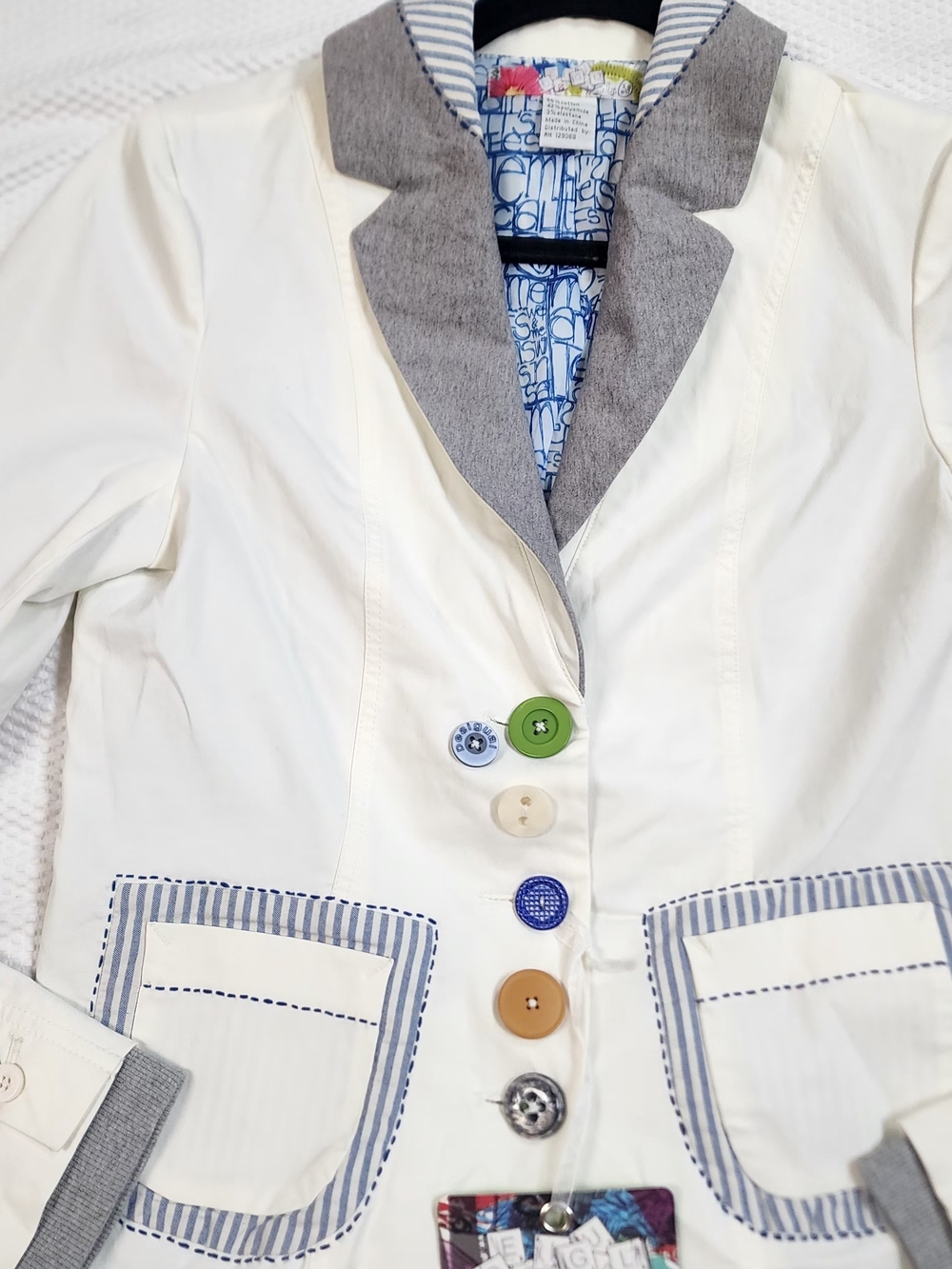 Desigual Cream Blazer with Gray Trim and Multicolor Buttons